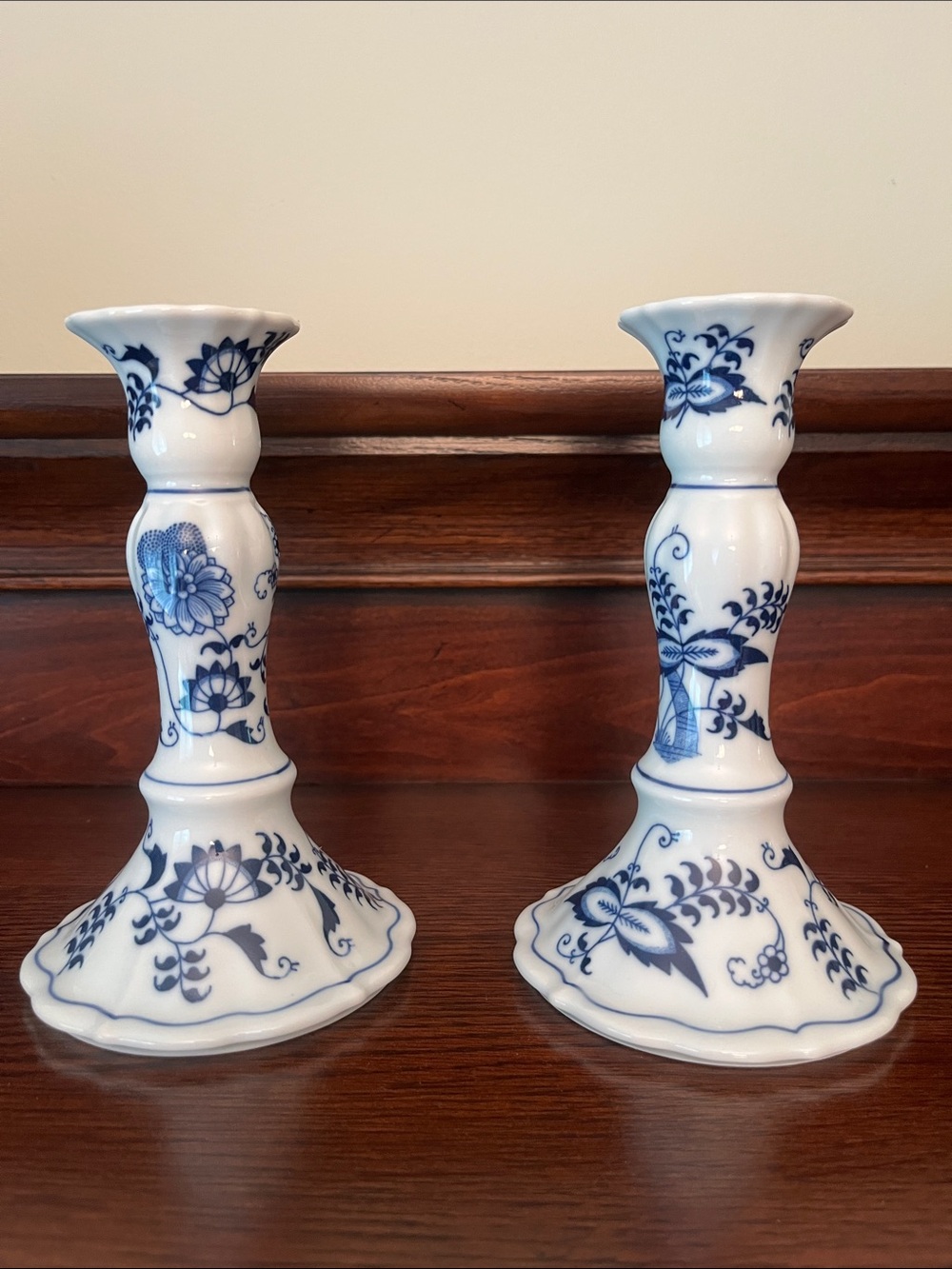 Blue and White Porcelain Candlestick Pair - Floral Motif